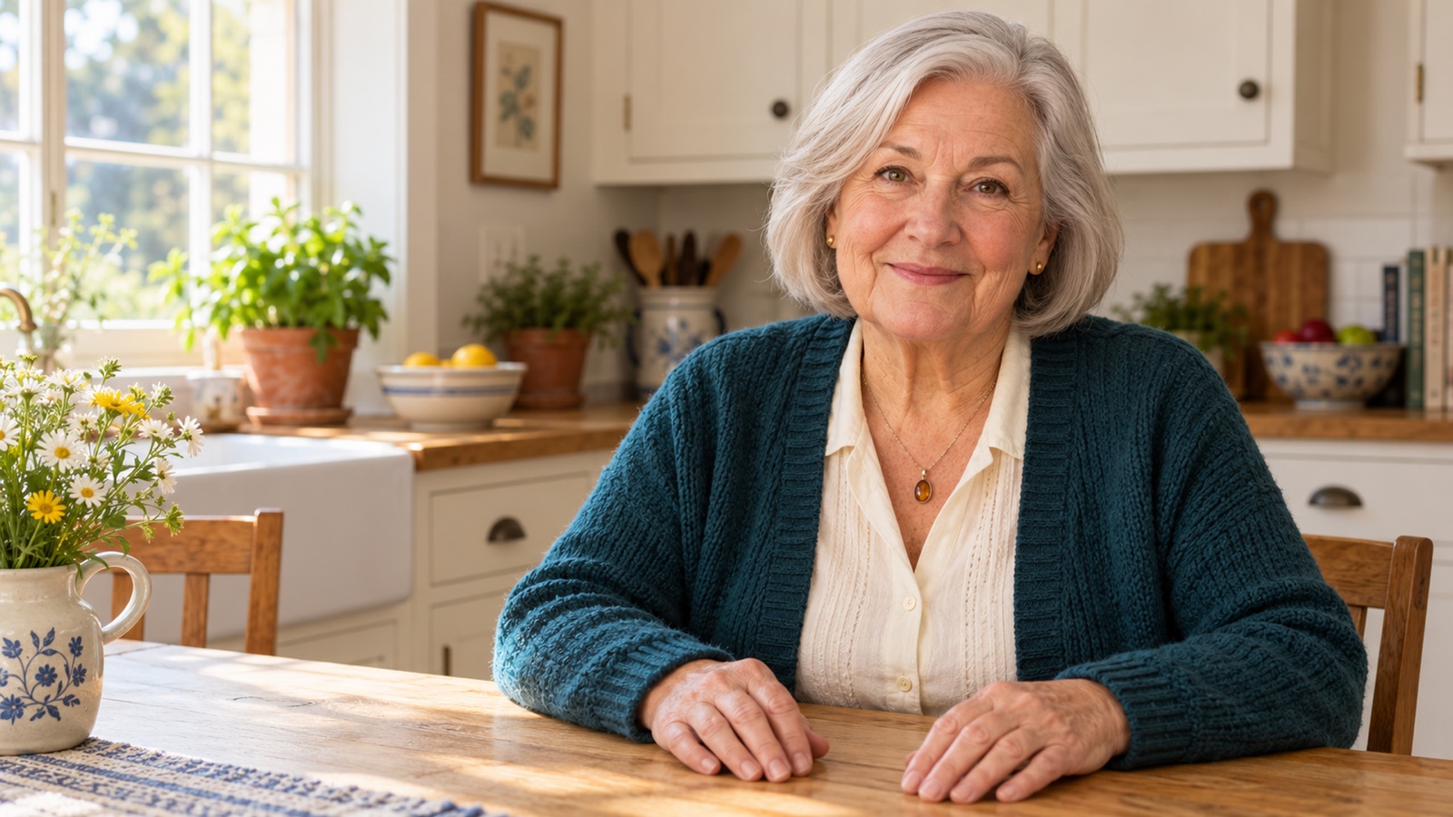 Ruth Bellweather sitting at a farmhouse kitchen table in her teal cardigan